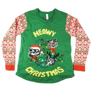 Ugly Christmas Sweater Kitten Cat Meow Womens Size
